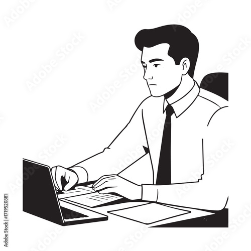Black and white line art of a hardworking man at office desk with laptop and documents minimalist illustration