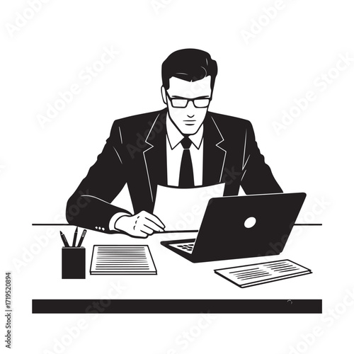 Black and white line art of a hardworking man at office desk with laptop and documents minimalist illustration