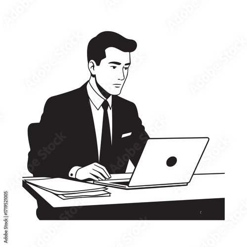 Black and white line art of a hardworking man at office desk with laptop and documents minimalist illustration