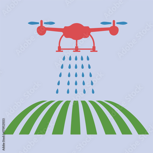 Illustration of a red drone spraying a green field, symbolizing precision agriculture and modern farming methods, set against a light blue background.