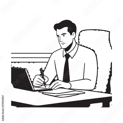 Black and white line art of a hardworking man at office desk with laptop and documents minimalist illustration