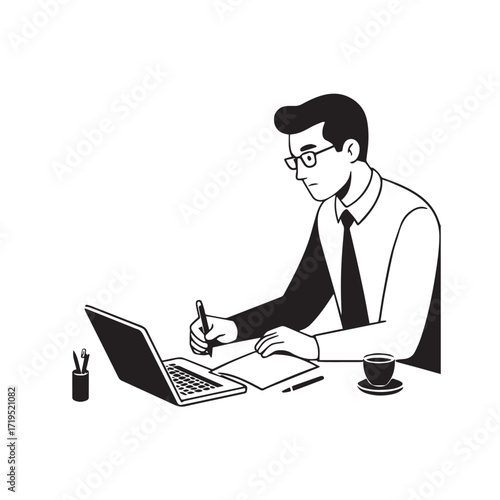 Black and white line art of a hardworking man at office desk with laptop and documents minimalist illustration