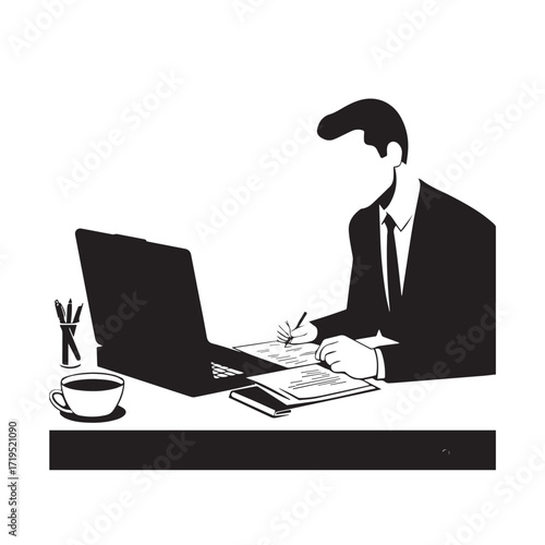 Black and white line art of a hardworking man at office desk with laptop and documents minimalist illustration