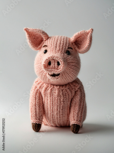 Handmade knitted pig plush toy isolated on light background, cute soft animal doll, amigurumi decor
