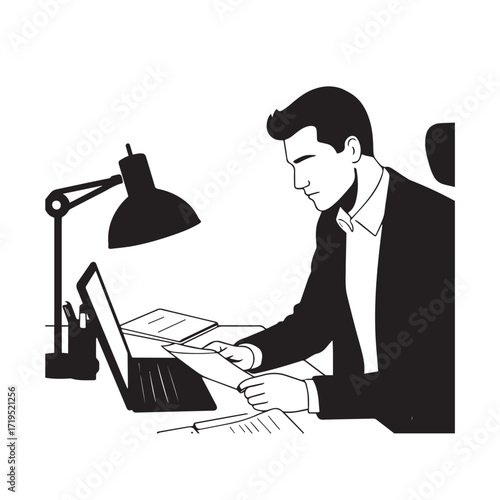 Black and white line art of a hardworking man at office desk with laptop and documents minimalist illustration