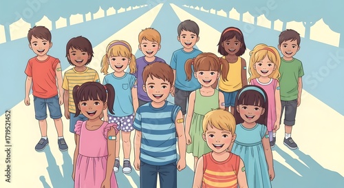 vaccinated children standing together on a street illustrating child vaccination campaigns for protection and promoting herd immunity and back to school.