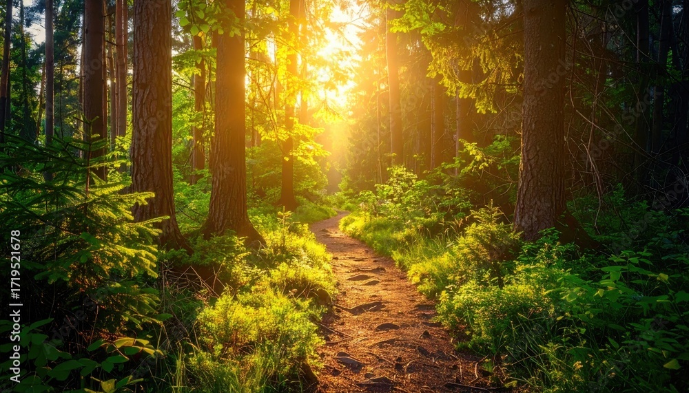 Obraz premium Sunlight Streaming Through a Dense Forest Path with Green Foliage, Golden Hour, Ultra Sharp, and Cinematic HDR