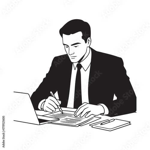 Black and white line art of a hardworking man at office desk with laptop and documents minimalist illustration