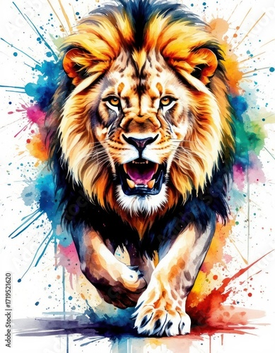 A vibrant, colorful illustration of a lion with a flowing mane. The lion appears fierce and majestic, surrounded by splashes of paint in various colors.