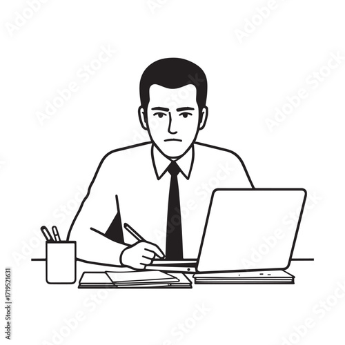 Black and white line art of a hardworking man at office desk with laptop and documents minimalist illustration