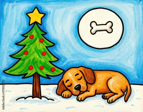 A cartoon illustration of a sleeping brown dog beside a decorated Christmas tree in a snowy landscape. A bone symbol is in the background.