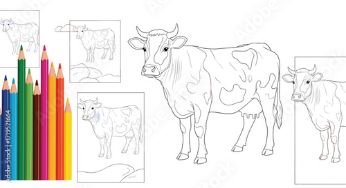 A collection of outlined farm animals including a cow and calf ready to be colored in.