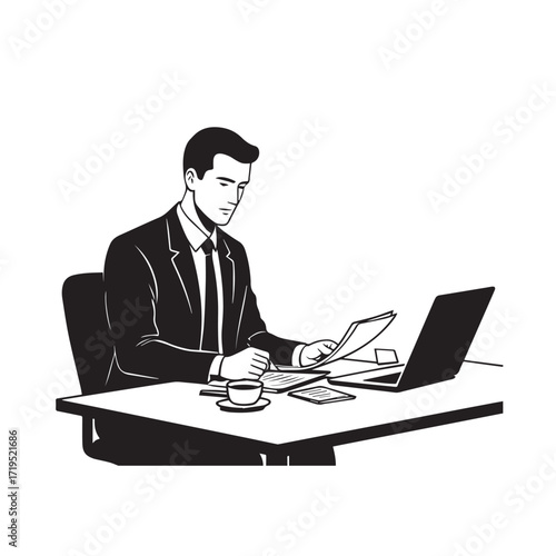 Black and white line art of a hardworking man at office desk with laptop and documents minimalist illustration