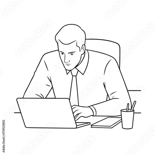 Black and white line art of a hardworking man at office desk with laptop and documents minimalist illustration