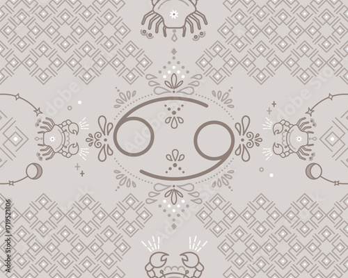 Cancer Zodiac Seamless Pattern Modern geometric and ethnic designs for Textiles, Carpets, Tiles and Fabrics.