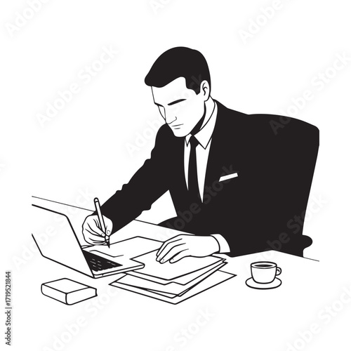 Black and white line art of a hardworking man at office desk with laptop and documents minimalist illustration