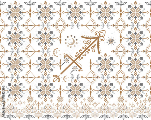 Sagittarius Zodiac Seamless Pattern Modern geometric and ethnic designs for Textiles, Carpets, Tiles and Fabrics.