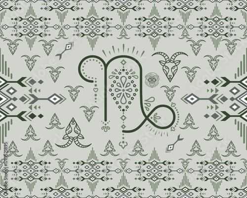 Capricorn Zodiac Seamless Pattern Modern geometric and ethnic designs for Textiles, Carpets, Tiles and Fabrics.