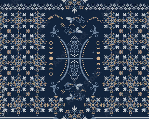 Pisces Zodiac Seamless Pattern Modern geometric and ethnic designs for Textiles, Carpets, Tiles and Fabrics.