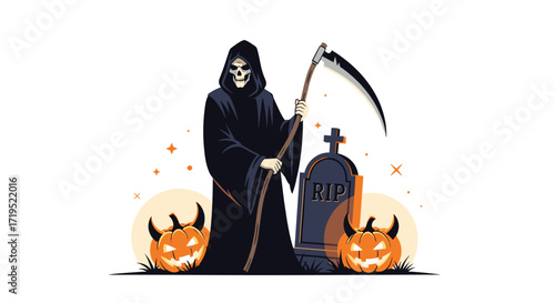 The spooky grim reaper with a scythe stands next to a tombstone and jack-o-lanterns.