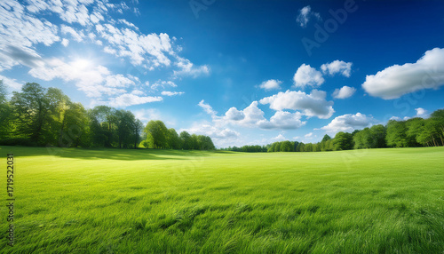 Bright Sunny Day With Blue Sky And Scattered White Clouds Over A Lush Green Forest And Grassy Field Conveying A Peaceful And Fresh Natural Environment