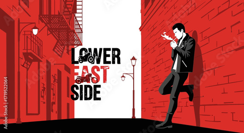 Urban cool in Lower East Side, a vibrant vector illustration with a smoking biker