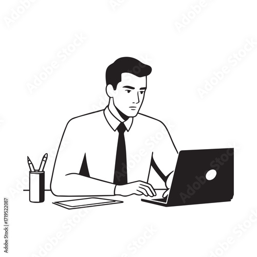 Black and white line art of a hardworking man at office desk with laptop and documents minimalist illustration