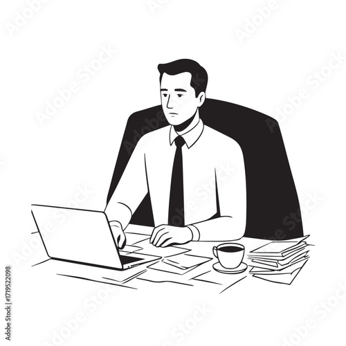 Black and white line art of a hardworking man at office desk with laptop and documents minimalist illustration