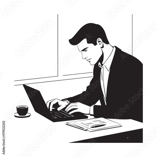 Black and white line art of a hardworking man at office desk with laptop and documents minimalist illustration