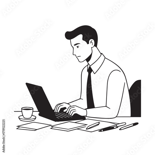 Black and white line art of a hardworking man at office desk with laptop and documents minimalist illustration
