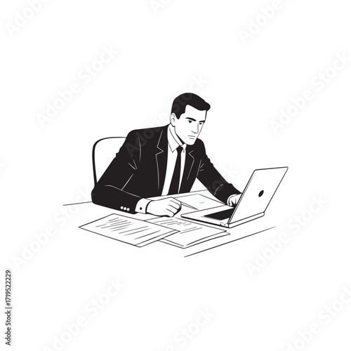 Black and white line art of a hardworking man at office desk with laptop and documents minimalist illustration