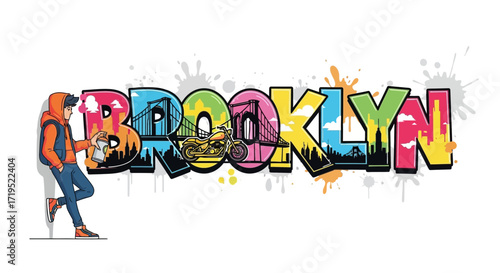 Vibrant Brooklyn artwork featuring graffiti style with cityscape and landmark elements for