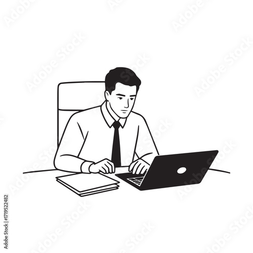 Black and white line art of a hardworking man at office desk with laptop and documents minimalist illustration