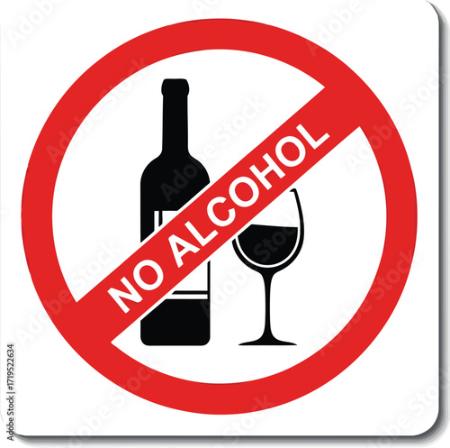 Red prohibition sign with text no alcohol crossing out a wine bottle and glass signifying restrictions vector