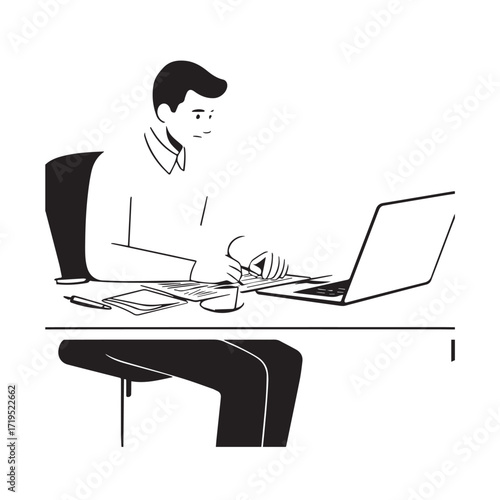 Black and white line art of a hardworking man at office desk with laptop and documents minimalist illustration