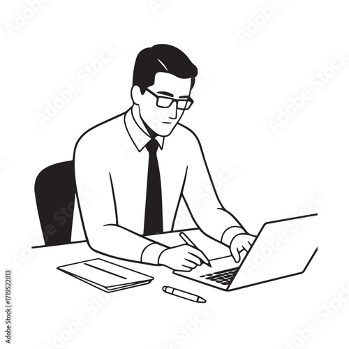 Black and white line art of a hardworking man at office desk with laptop and documents minimalist illustration