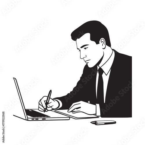 Black and white line art of a hardworking man at office desk with laptop and documents minimalist illustration