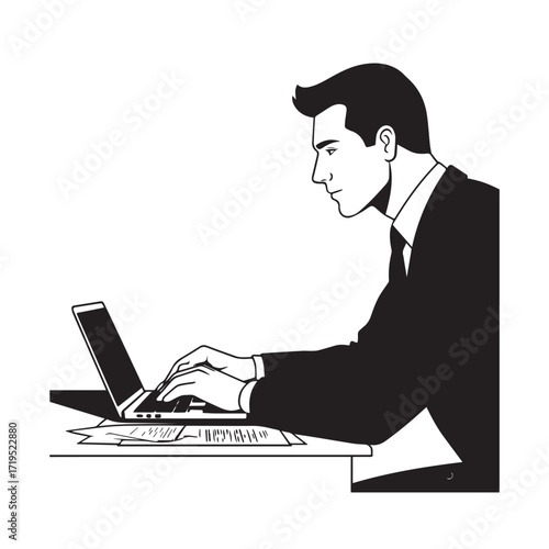 Black and white line art of a hardworking man at office desk with laptop and documents minimalist illustration