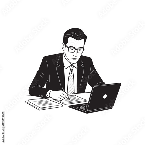 Black and white line art of a hardworking man at office desk with laptop and documents minimalist illustration