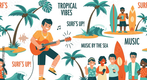 Vibrant Tropical Beach Scene with Music, Surfing, and Diverse Characters Enjoying Island Life