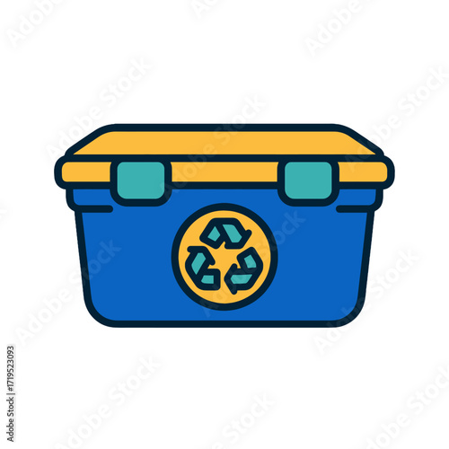 Blue and yellow recycling bin container icon.