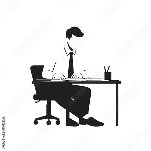 Black and white line art of a hardworking man at office desk with laptop and documents minimalist illustration