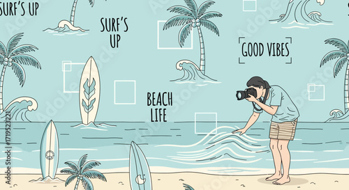 Vibrant tropical beach themed pattern featuring surfboards, palm trees, and a photographer