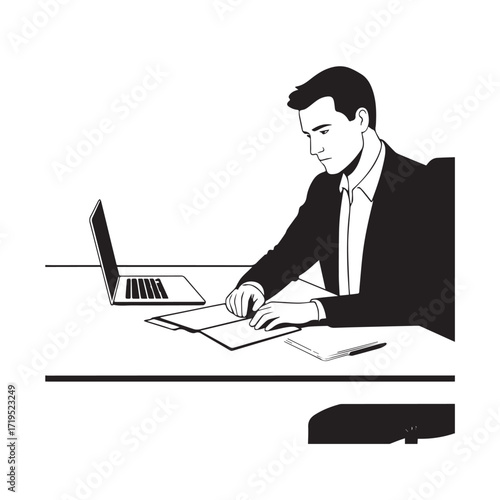 Black and white line art of a hardworking man at office desk with laptop and documents minimalist illustration