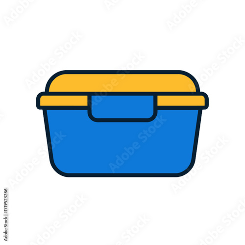 Blue plastic lunch box with yellow lid icon.