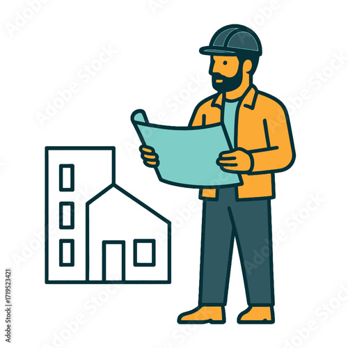 Construction worker examining architectural drawings for a new project.