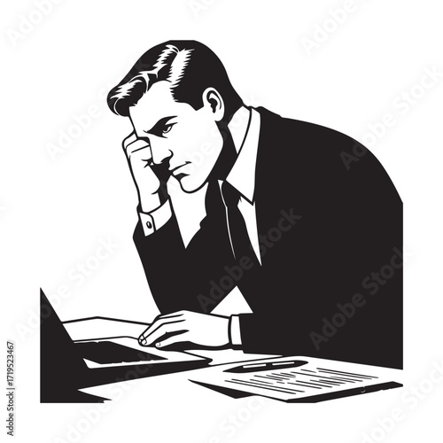 Black and white line art of a hardworking man at office desk with laptop and documents minimalist illustration
