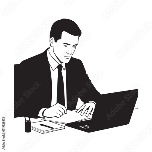 Black and white line art of a hardworking man at office desk with laptop and documents minimalist illustration