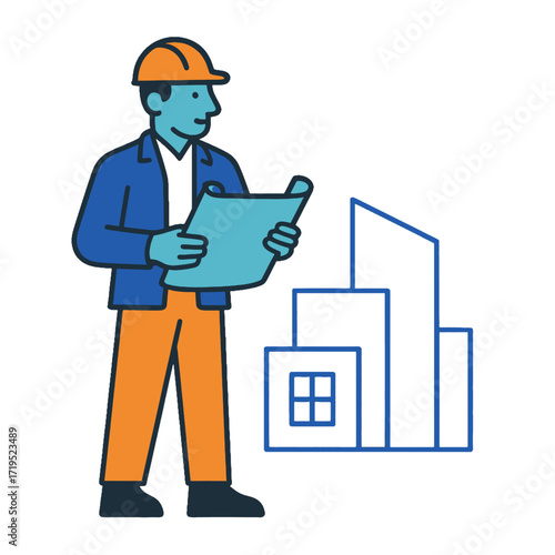 Construction worker reviewing blueprints.
