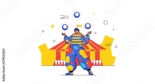 Whimsical circus clown juggling act illustration in front of the big top tent design